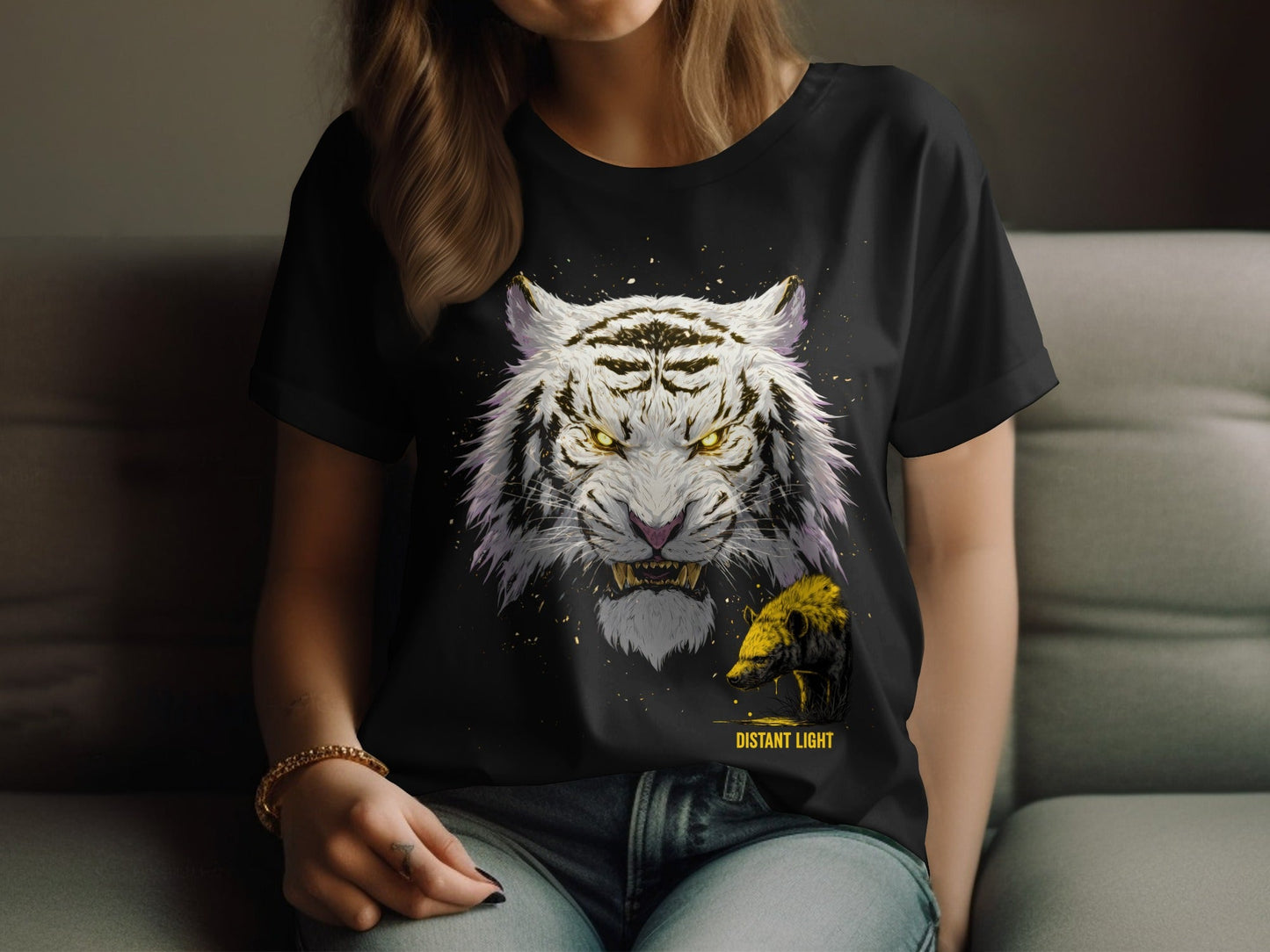 RMA APPAREL White Tiger Mammal Art Unisex T-Shirt Sizes - Distant Light White T-Shirts - RMA APPAREL - Roclla Media Apparel Store