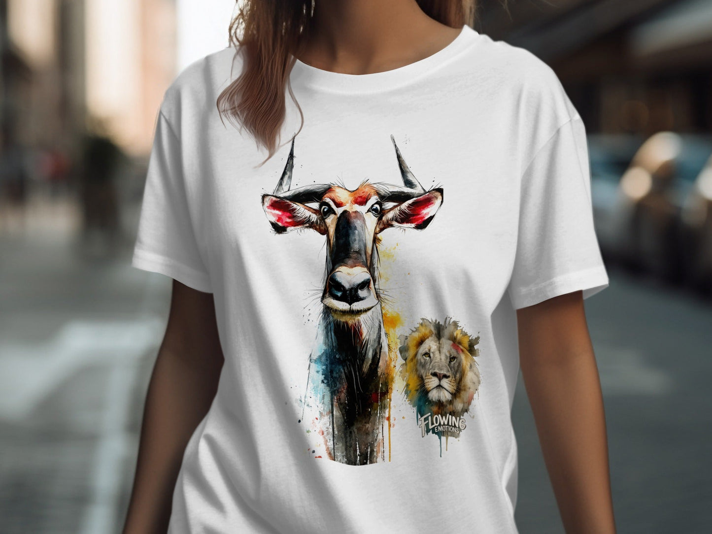RMA APPAREL Wildebeest And Lion Wildlife Unisex T-Shirt - Flowing Emotions White T-Shirts - RMA APPAREL - Roclla Media Apparel Store