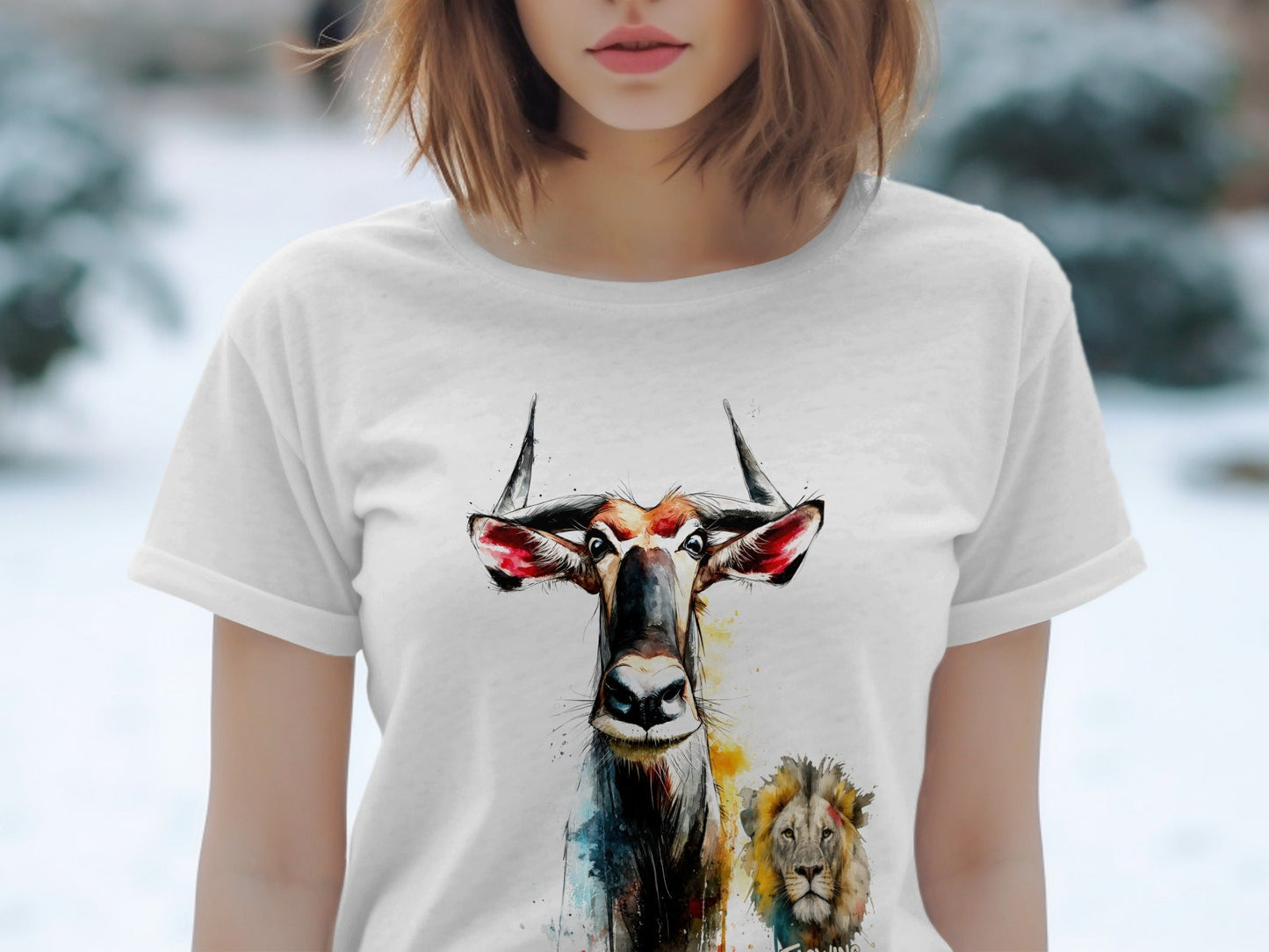 RMA APPAREL Wildebeest And Lion Wildlife Unisex T-Shirt - Flowing Emotions White T-Shirts - RMA APPAREL - Roclla Media Apparel Store
