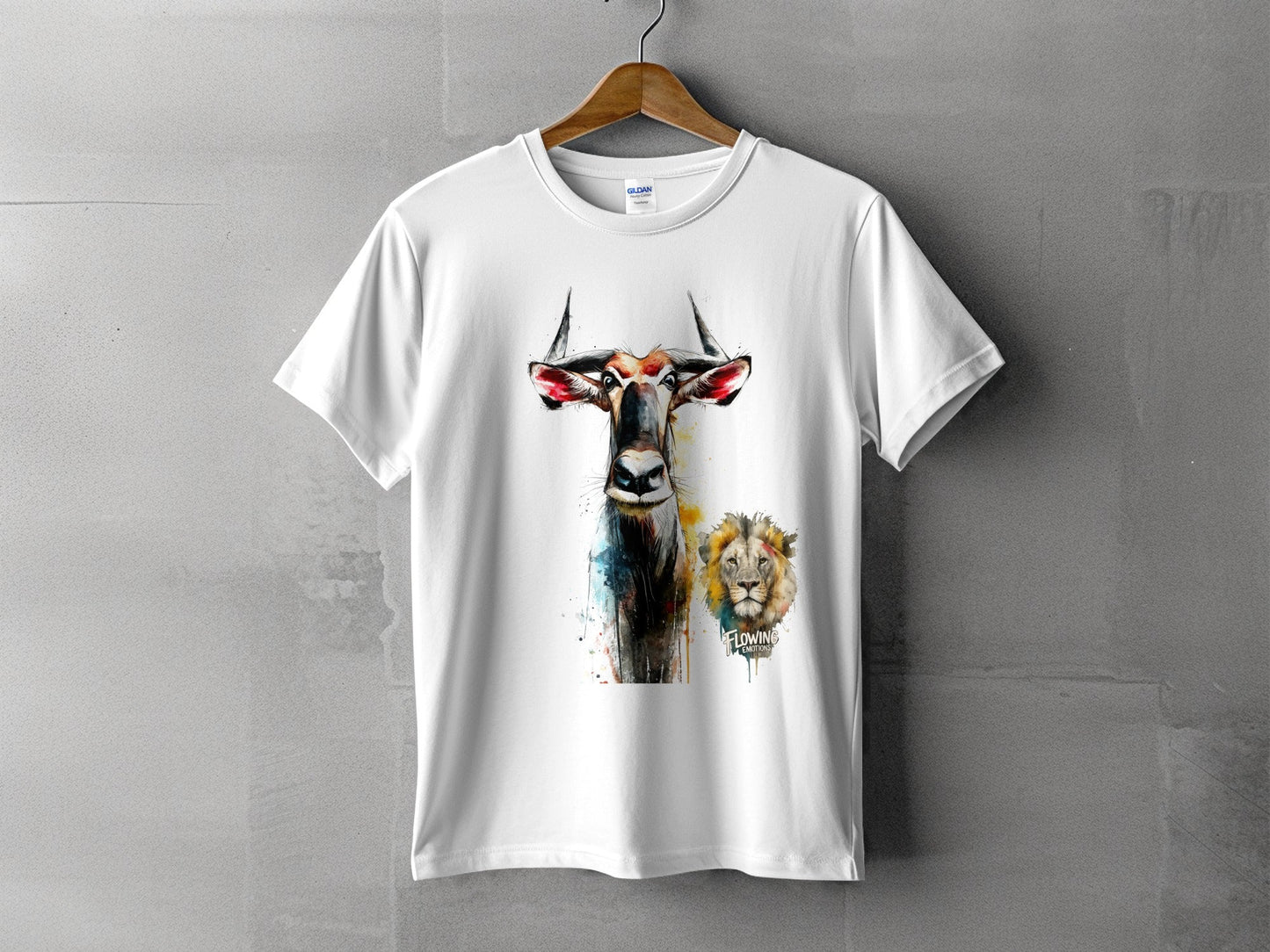 RMA APPAREL Wildebeest And Lion Wildlife Unisex T-Shirt - Flowing Emotions White T-Shirts - RMA APPAREL - Roclla Media Apparel Store
