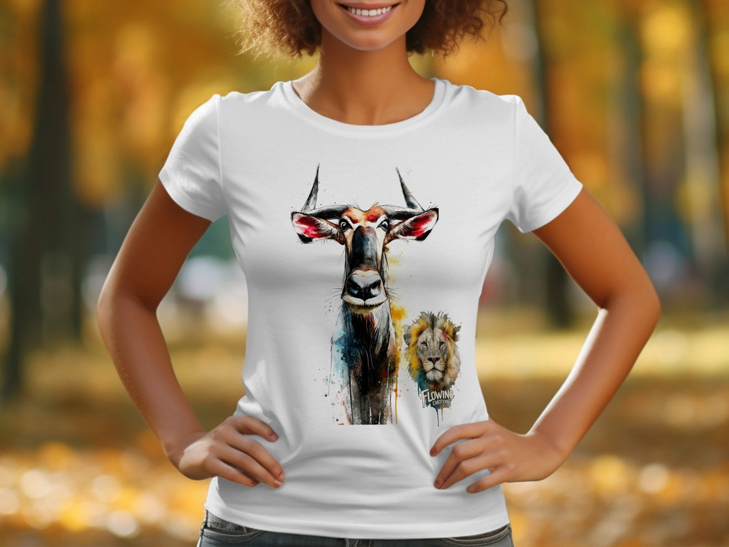 RMA APPAREL Wildebeest And Lion Wildlife Unisex T-Shirt - Flowing Emotions White T-Shirts - RMA APPAREL - Roclla Media Apparel Store