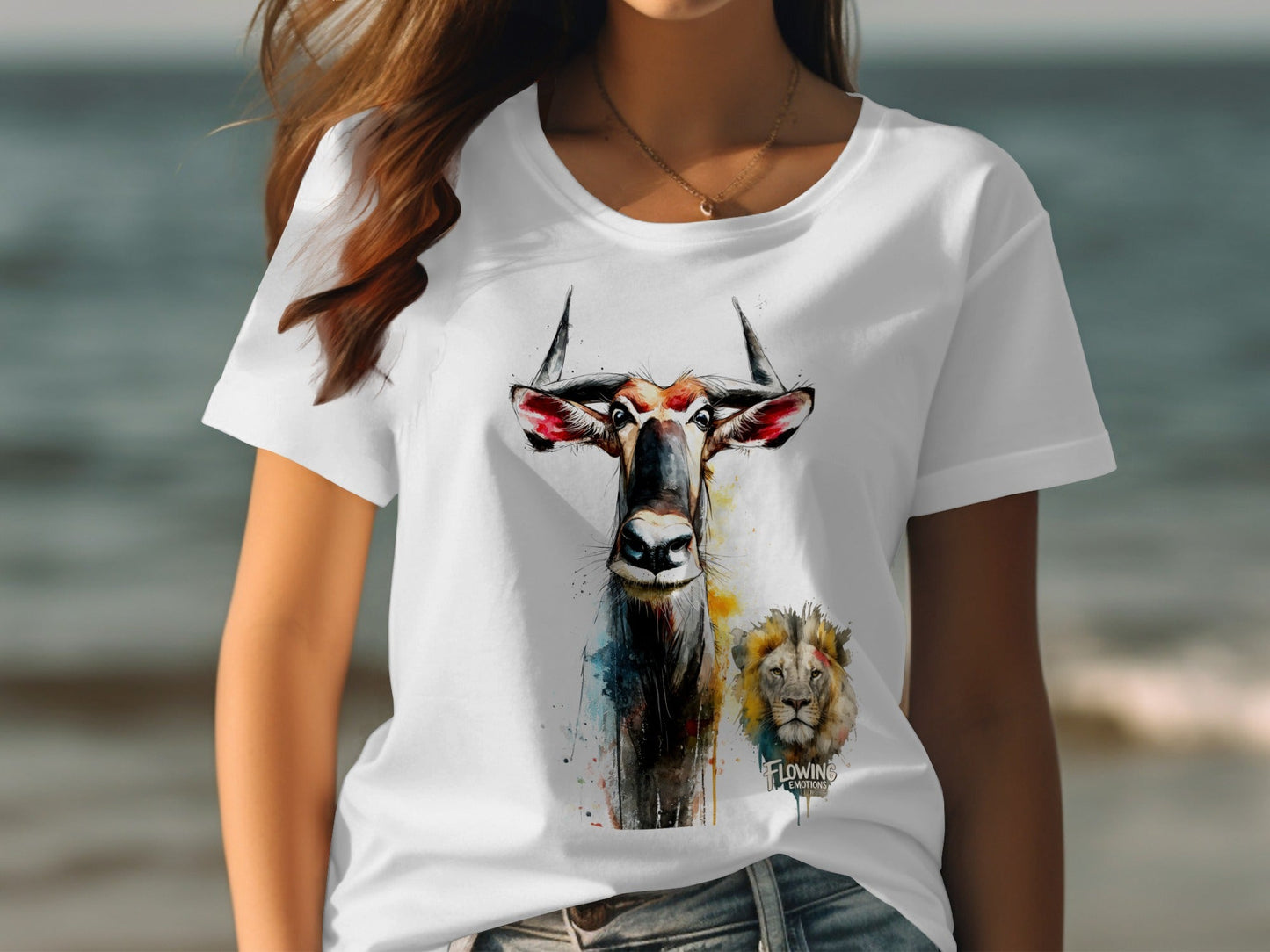 RMA APPAREL Wildebeest And Lion Wildlife Unisex T-Shirt - Flowing Emotions White T-Shirts - RMA APPAREL - Roclla Media Apparel Store