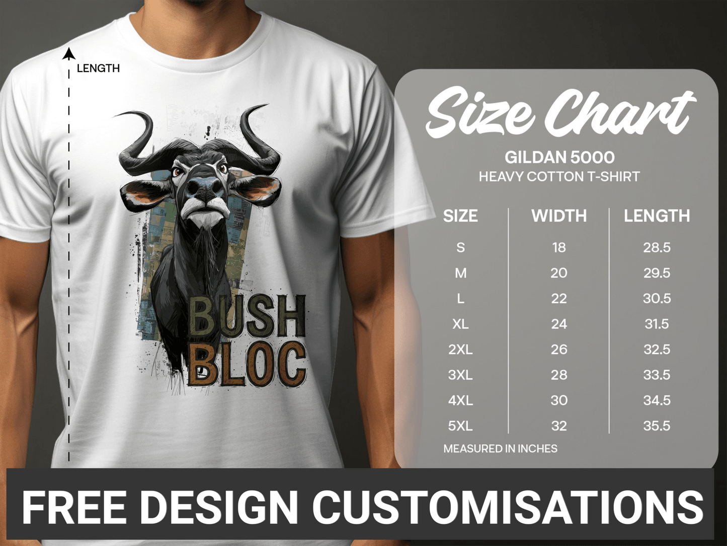 RMA APPAREL Wildebeest Illustration Mens, Womens Unisex T-Shirt - Bush Block White T-Shirt - RMA APPAREL - Roclla Media Apparel Store