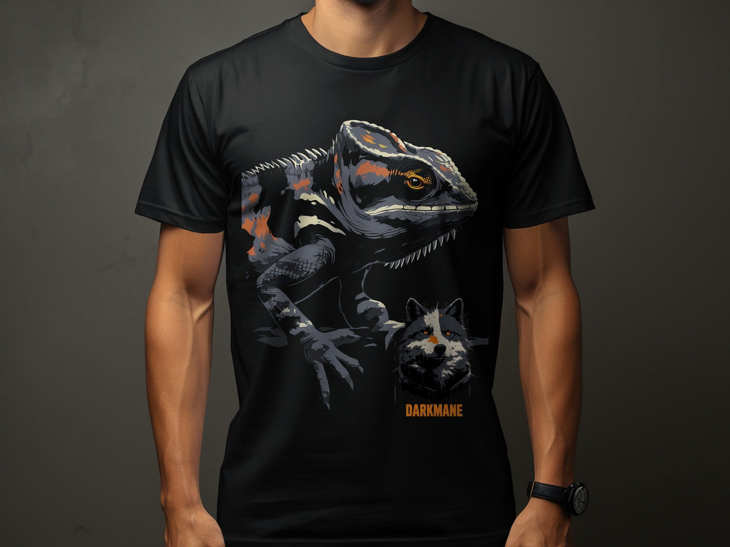 Street Art Chameleon And Wildlife Graphic Sizes S to 5XL T-Shirt - Darkmane Black T-Shirt - RMA APPAREL - Roclla Media Apparel Store
