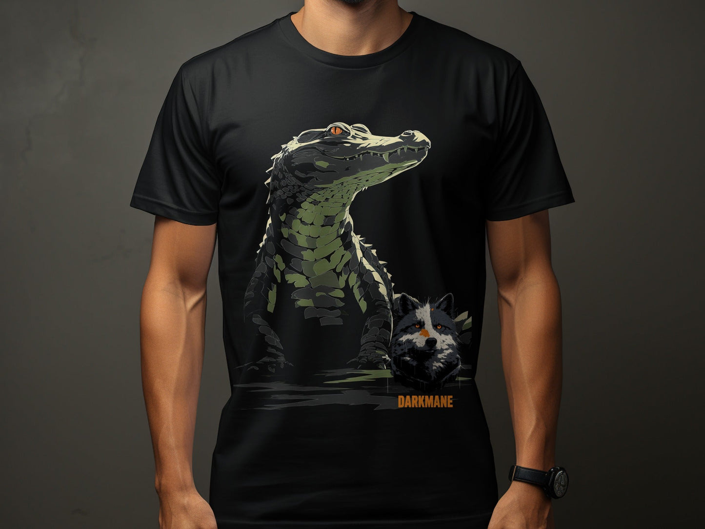Street Art Gator And Wildlife Illustration Unisex T-Shirt - Darkmane Black T-Shirt - RMA APPAREL - Roclla Media Apparel Store