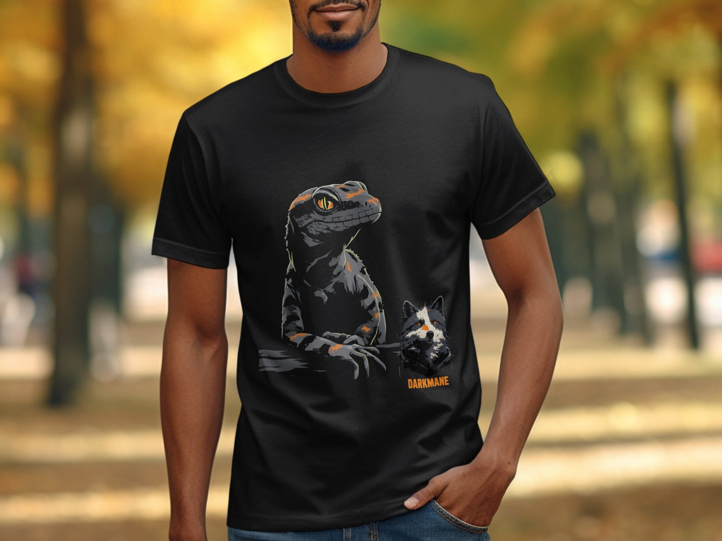 Street Art Lizard Wildlife Design Mens and Womens T-Shirt - Darkmane Black T-Shirt - RMA APPAREL - Roclla Media Apparel Store