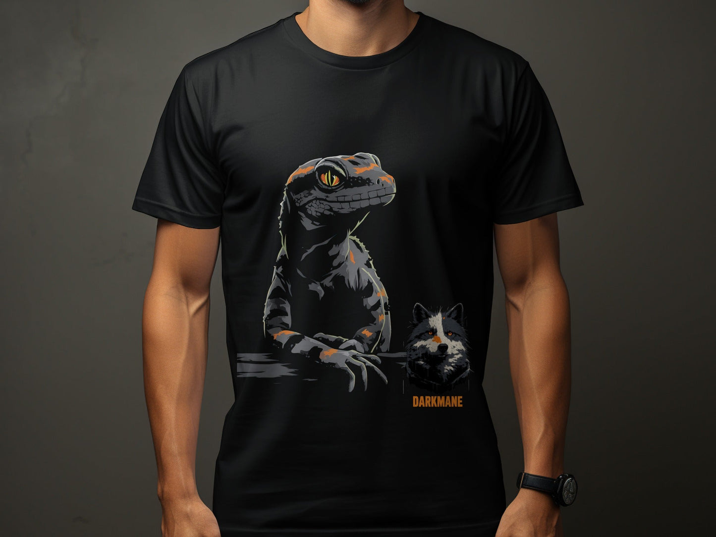 Street Art Lizard Wildlife Design Mens and Womens T-Shirt - Darkmane Black T-Shirt - RMA APPAREL - Roclla Media Apparel Store