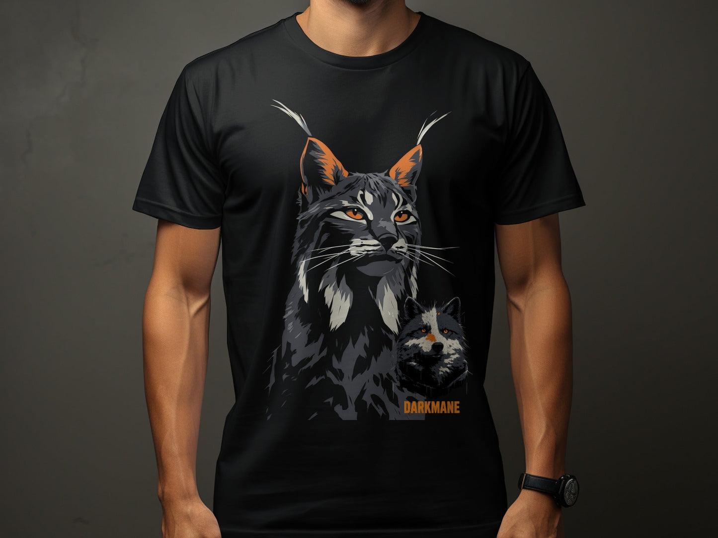 Street Art Lynx and Wildlife Illustration Sizes S to 5XL T-Shirt - Darkmane Black T-Shirt - RMA APPAREL - Roclla Media Apparel Store