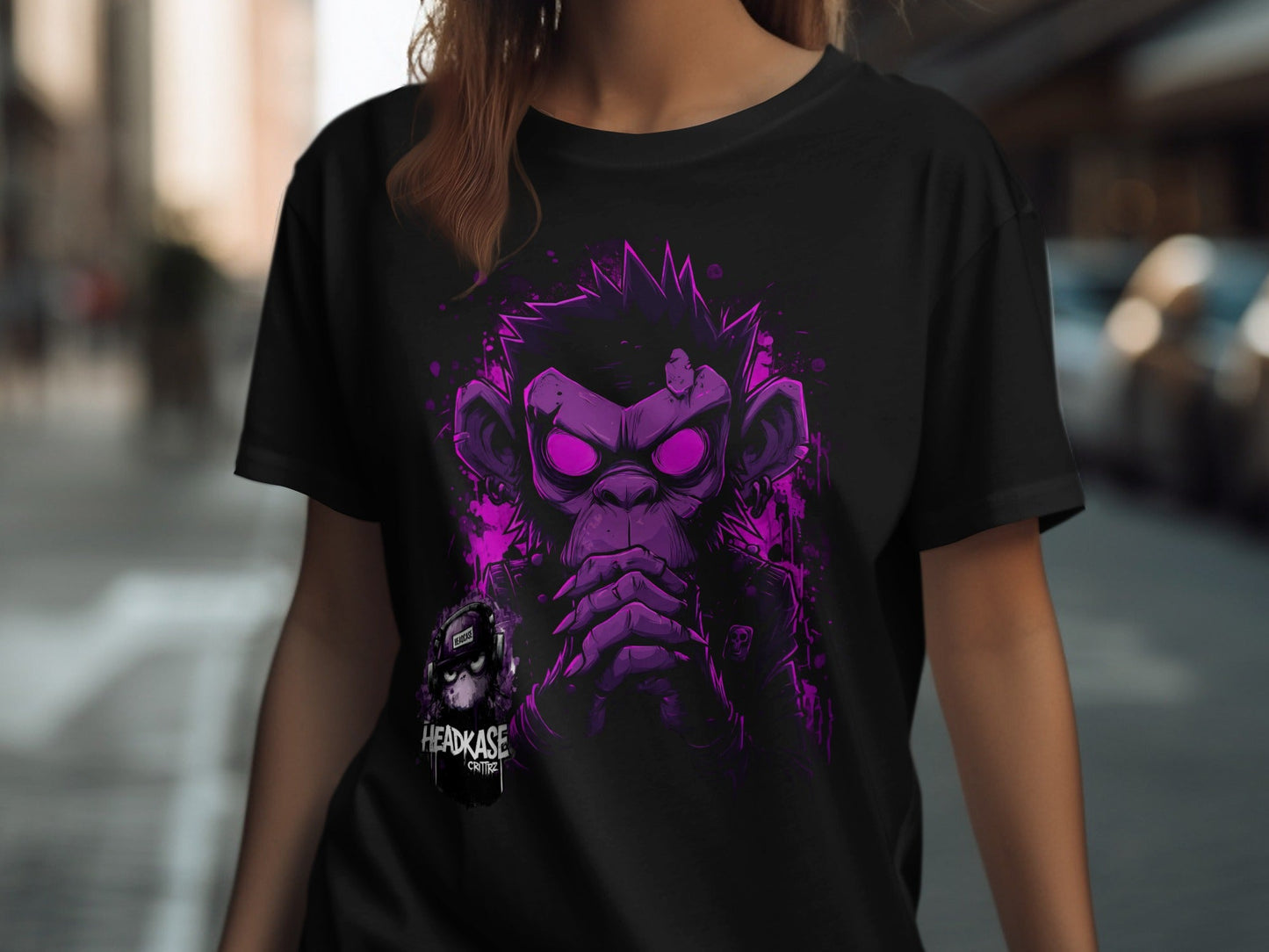 Street Art Monkey Graphic Unisex Mens T-Shirt Sizes S - 5XL - Headcase Crittrz Black T-Shirt - RMA APPAREL - Roclla Media Apparel Store