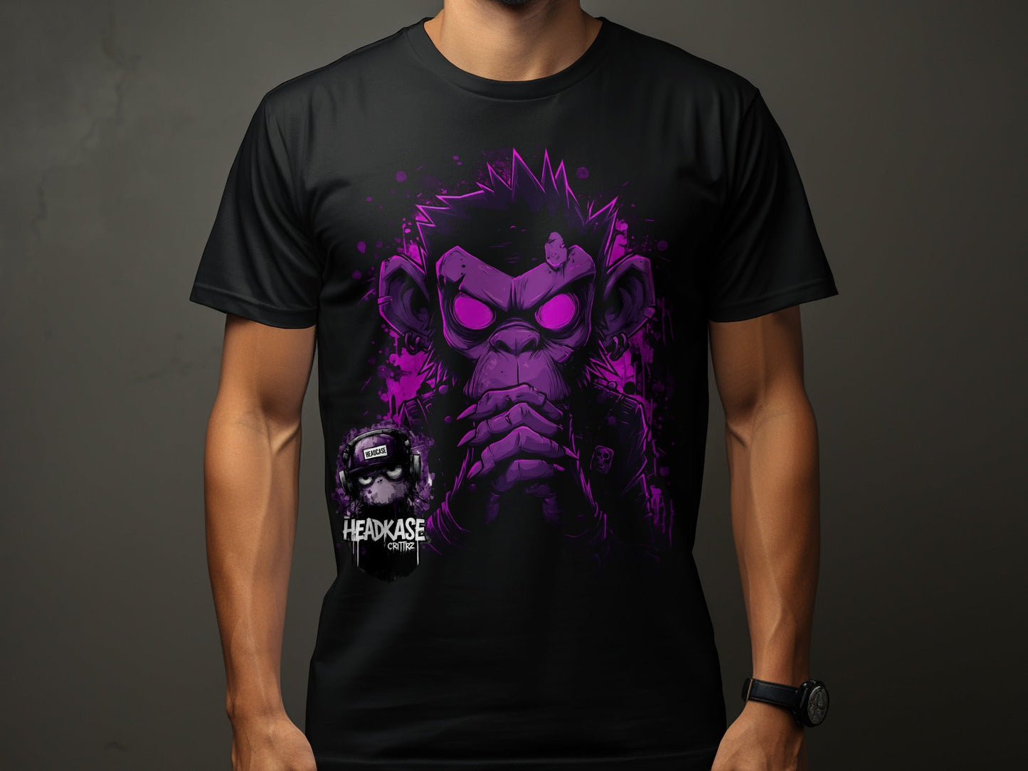 Street Art Monkey Graphic Unisex Mens T-Shirt Sizes S - 5XL - Headcase Crittrz Black T-Shirt - RMA APPAREL - Roclla Media Apparel Store