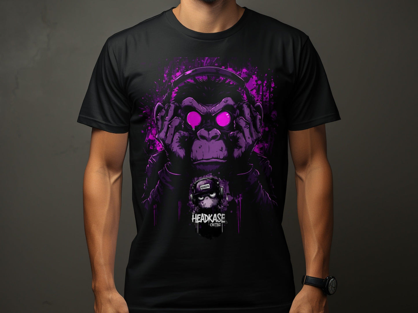 Street Art Monkey Listening Music Sizes S to 5XL T-Shirt - Headcase Crittrz Black T-Shirt - RMA APPAREL - Roclla Media Apparel Store