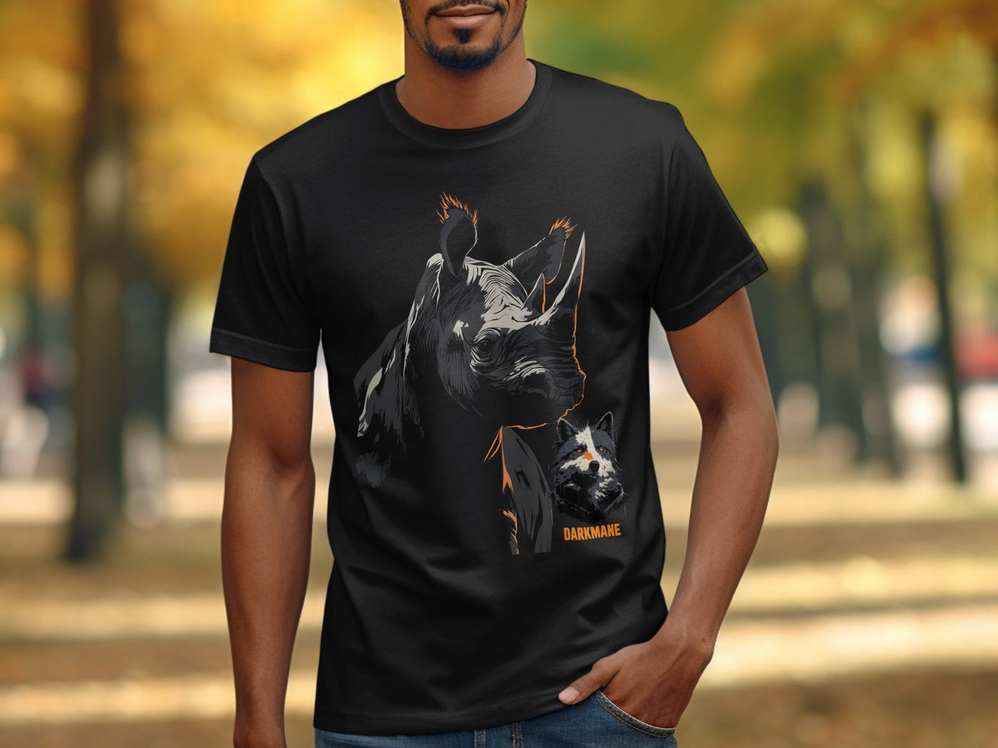 Street Art Rhino And Wildlife Sizes S to 5XL Unisex T-Shirt - Darkmane Black T-Shirt - RMA APPAREL - Roclla Media Apparel Store