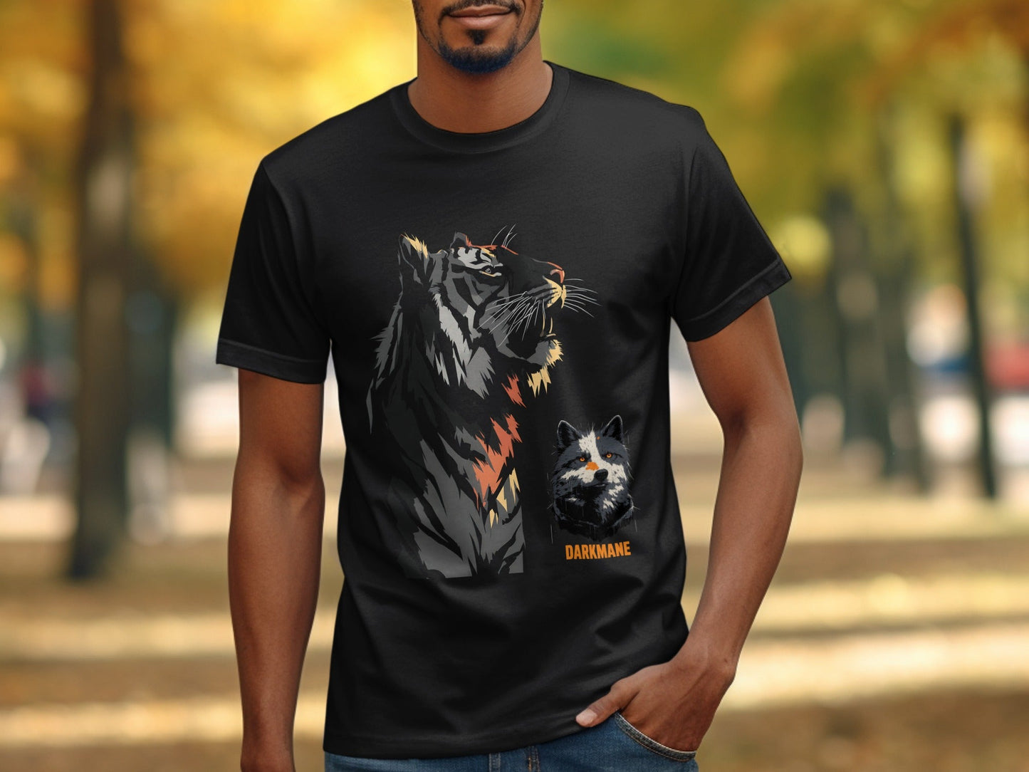 Street Art Roaring Tiger And Dog Sizes S to 5XL T-Shirt - Darkmane Black T-Shirt - RMA APPAREL - Roclla Media Apparel Store