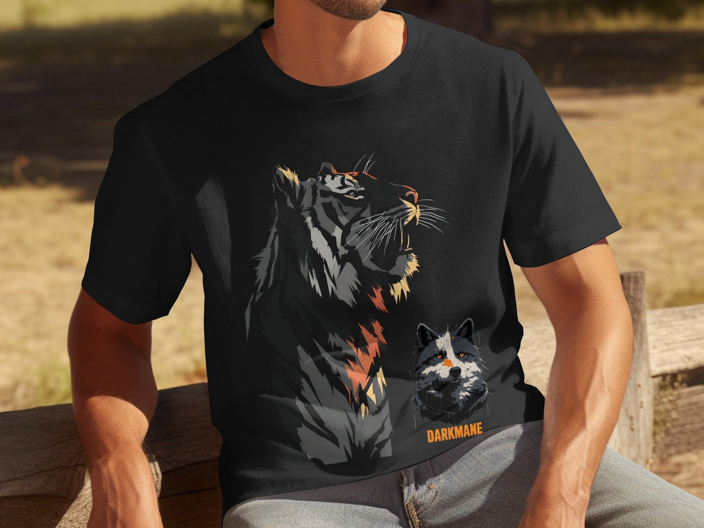 Street Art Roaring Tiger And Dog Sizes S to 5XL T-Shirt - Darkmane Black T-Shirt - RMA APPAREL - Roclla Media Apparel Store
