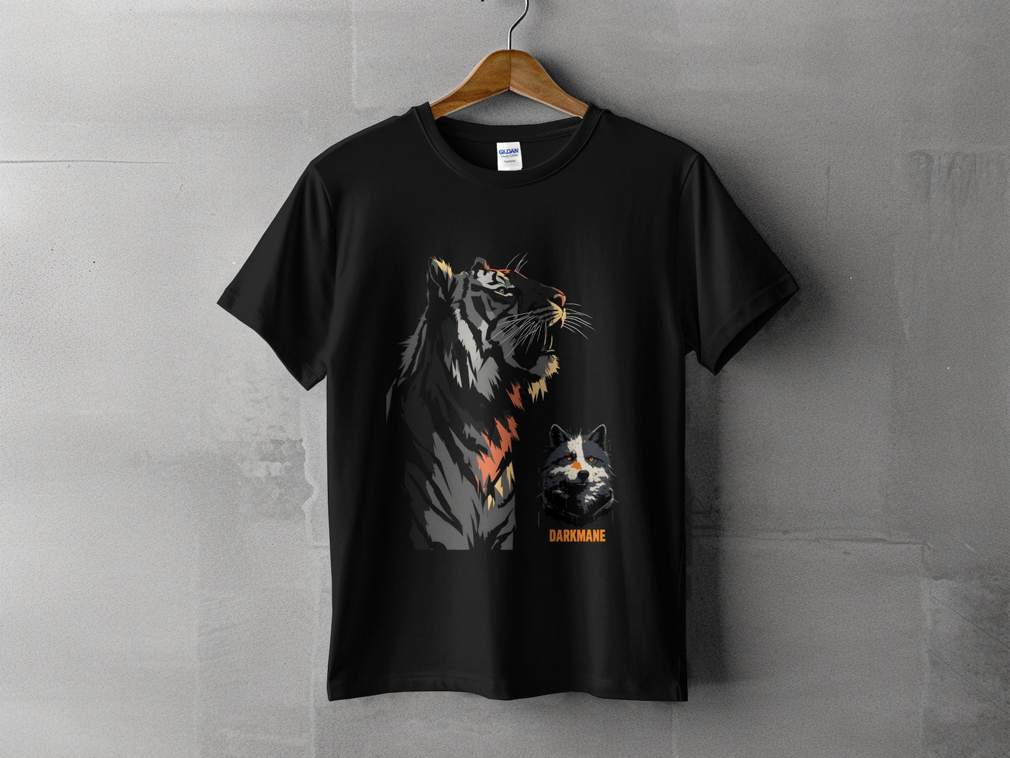 Street Art Roaring Tiger And Dog Sizes S to 5XL T-Shirt - Darkmane Black T-Shirt - RMA APPAREL - Roclla Media Apparel Store