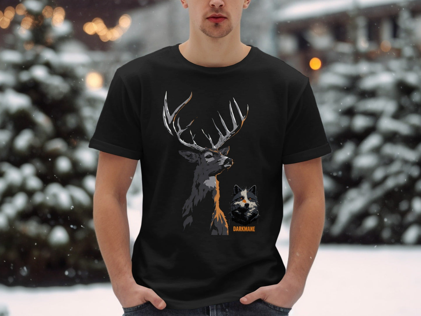 Street Art Stag and Wildlife Graphic Unisex T-Shirt Sizes S - 5XL - Darkmane Black T-Shirt - RMA APPAREL - Roclla Media Apparel Store