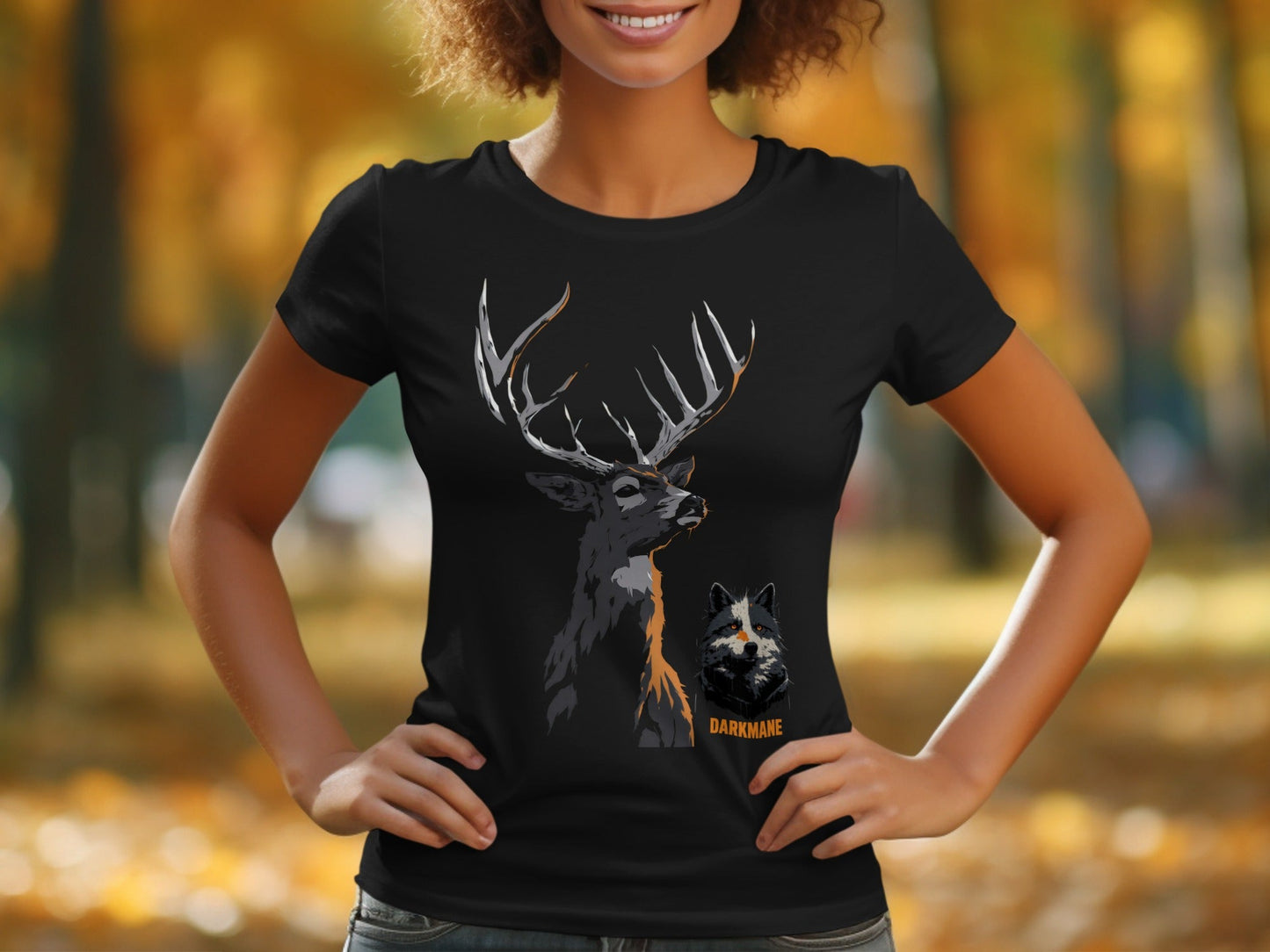 Street Art Stag and Wildlife Graphic Unisex T-Shirt Sizes S - 5XL - Darkmane Black T-Shirt - RMA APPAREL - Roclla Media Apparel Store