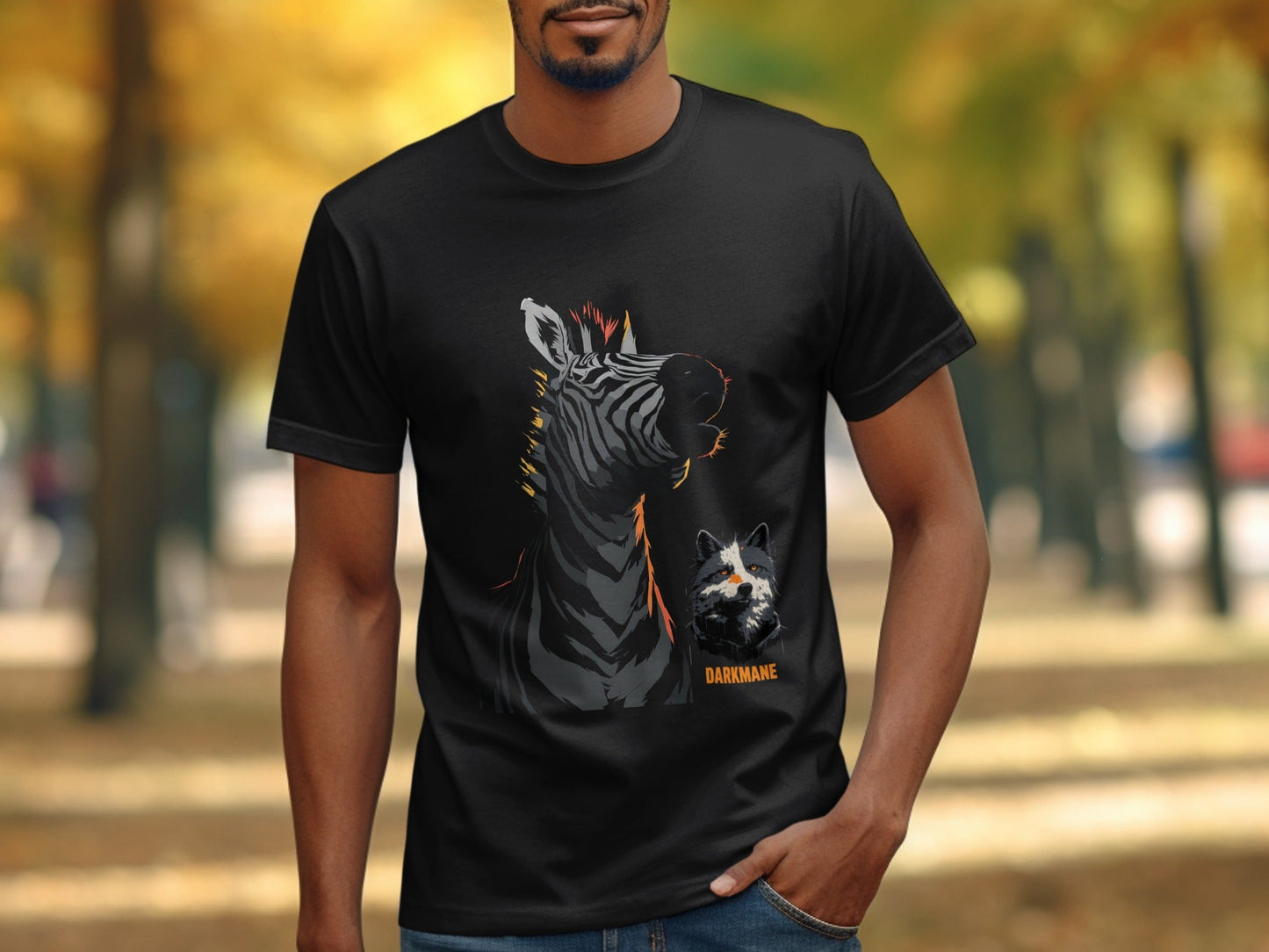 Street Art Zebra and Wildlife Design Mens Womens Unisex T-Shirt - Darkmane Black T-Shirt - RMA APPAREL - Roclla Media Apparel Store