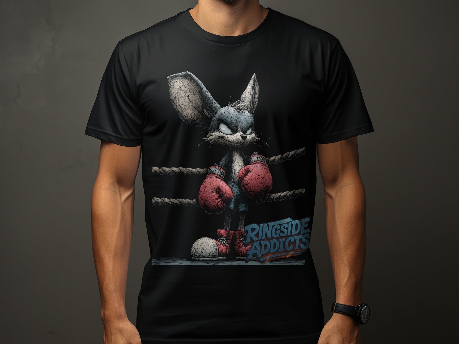 RMA APPAREL Boxing Bunny in Ring Unisex Wildlife T-Shirt - Ringside Addicts White T-Shirt - RMA APPAREL - Roclla Media Apparel Store