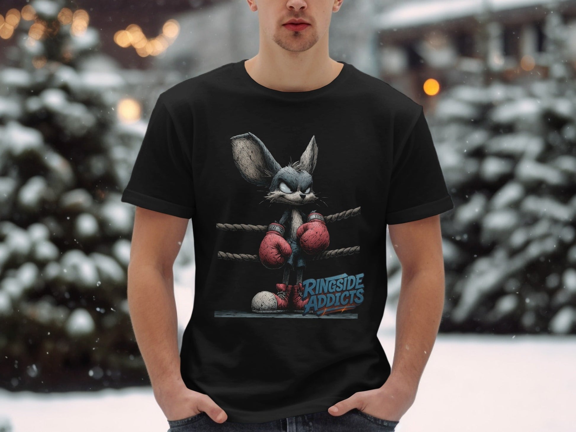 RMA APPAREL Boxing Bunny in Ring Unisex Wildlife T-Shirt - Ringside Addicts White T-Shirt - RMA APPAREL - Roclla Media Apparel Store