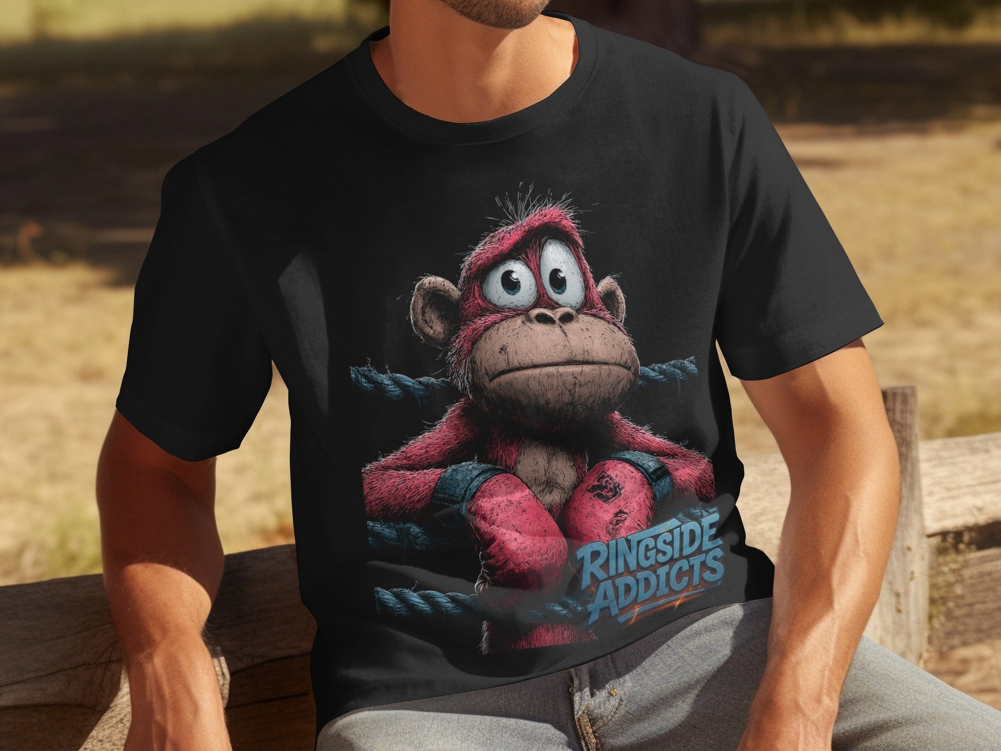 RMA APPAREL Boxing Monkey Wildlife Mens Unisex Sizes T-Shirt - Ringside Addicts White T-Shirt - RMA APPAREL - Roclla Media Apparel Store