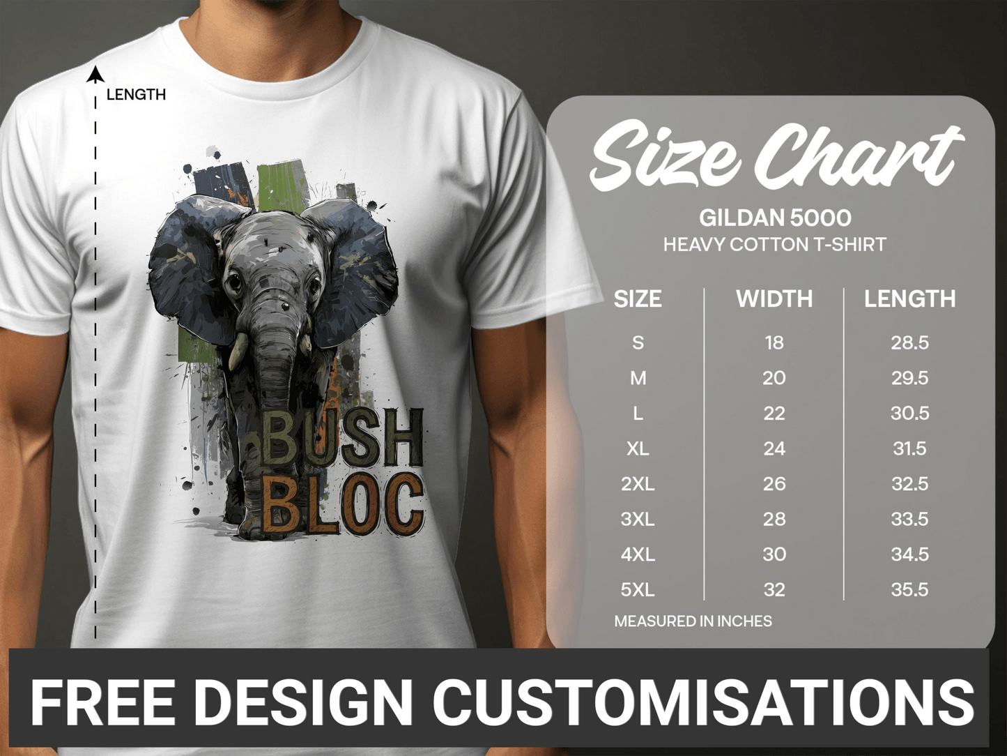 RMA APPAREL Bush Bloc Elephant S to 5XL Unisex T-Shirt - Bush Block White T-Shirt - RMA APPAREL - Roclla Media Apparel Store