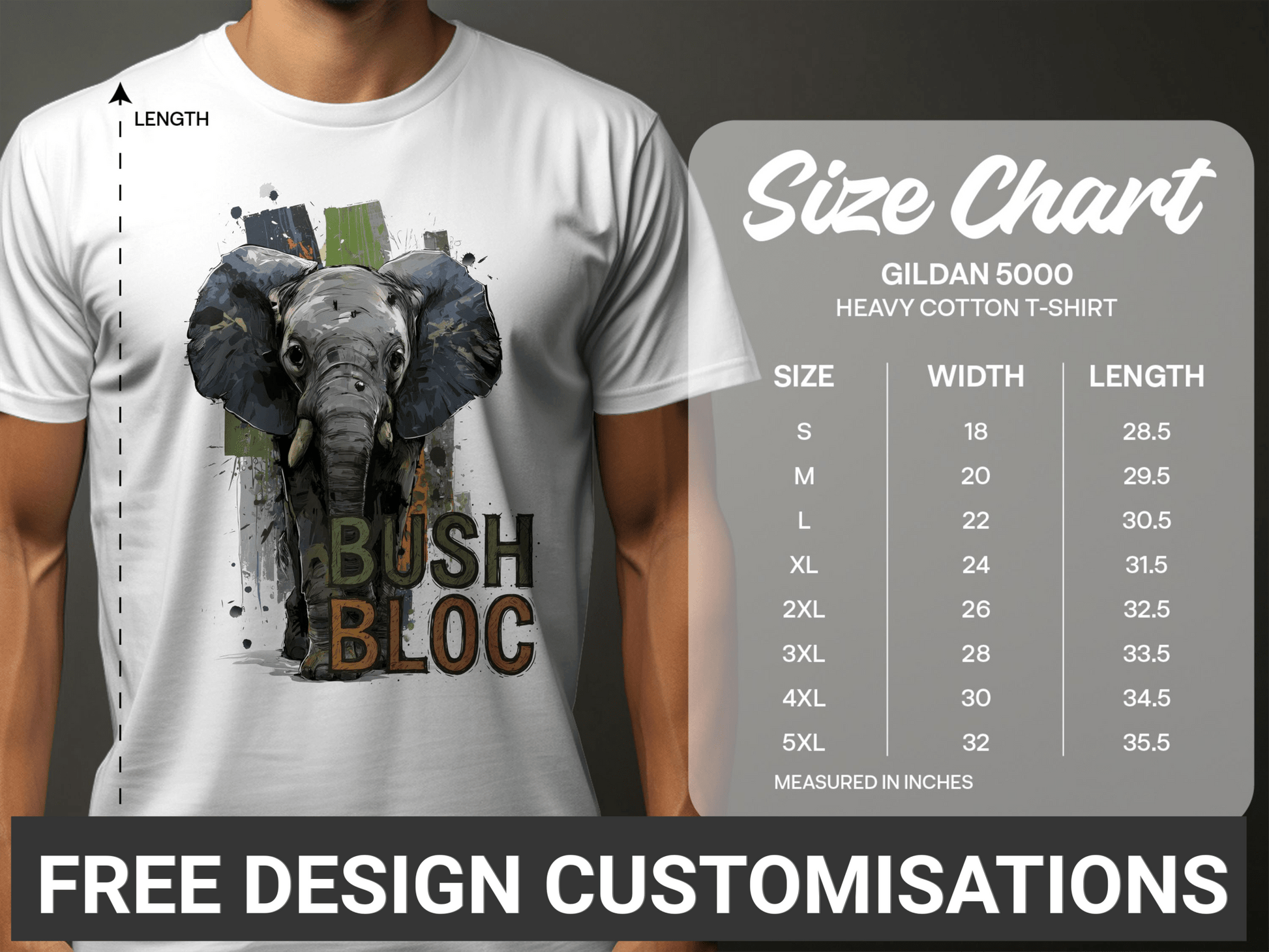 RMA APPAREL Bush Bloc Elephant S to 5XL Unisex T-Shirt - Bush Block White T-Shirt - RMA APPAREL - Roclla Media Apparel Store