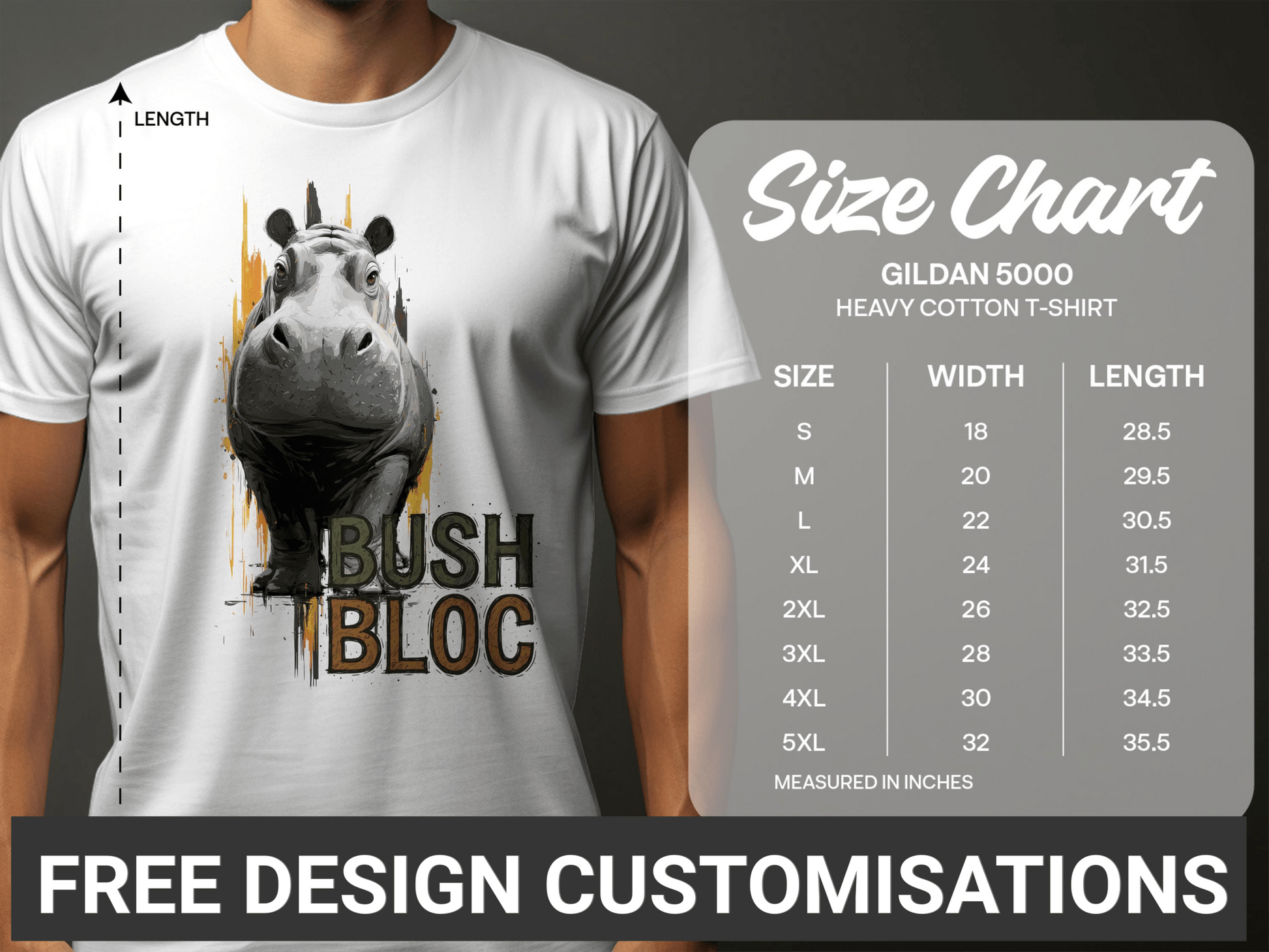 RMA APPAREL Bush Bloc Hippo Graphic Unisex T-Shirt Sizes - Bush Block White T-Shirt - RMA APPAREL - Roclla Media Apparel Store