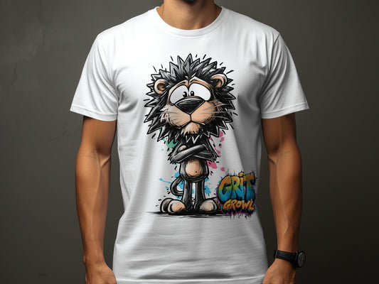 RMA APPAREL Cartoon Lion Sizes S to 5XL Unisex T-Shirt - Grit & Growl White T-Shirts - RMA APPAREL - Roclla Media Apparel Store