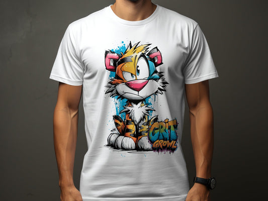 RMA APPAREL Cartoon Tiger With Colourful Mens Womens T-Shirt - Grit & Growl White T-Shirts - RMA APPAREL - Roclla Media Apparel Store