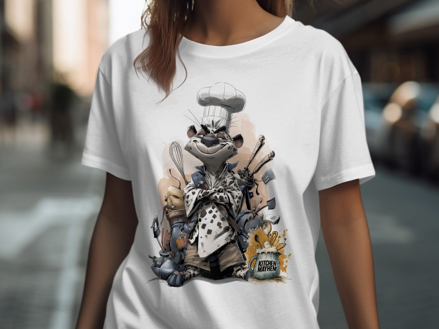 RMA APPAREL Chef Leopard Kitchen Mayhem Unisex T-Shirt Sizes S - 5XL - Kitchen Mayhem White T-Shirt - RMA APPAREL - Roclla Media Apparel Store