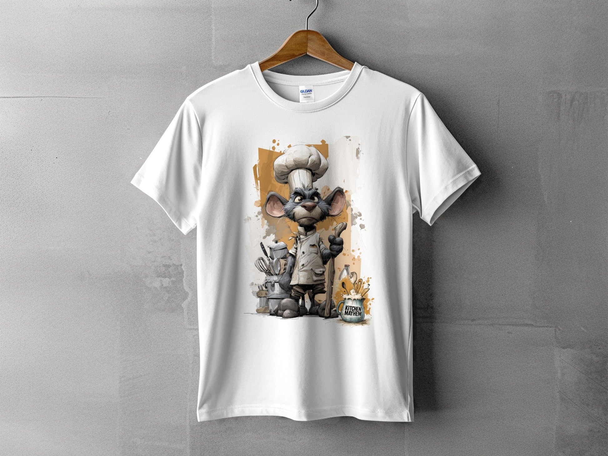 RMA APPAREL Chef Mouse Kitchen Mayhem Unisex T-Shirt Sizes S to 5XL - Kitchen Mayhem White T-Shirt - RMA APPAREL - Roclla Media Apparel Store