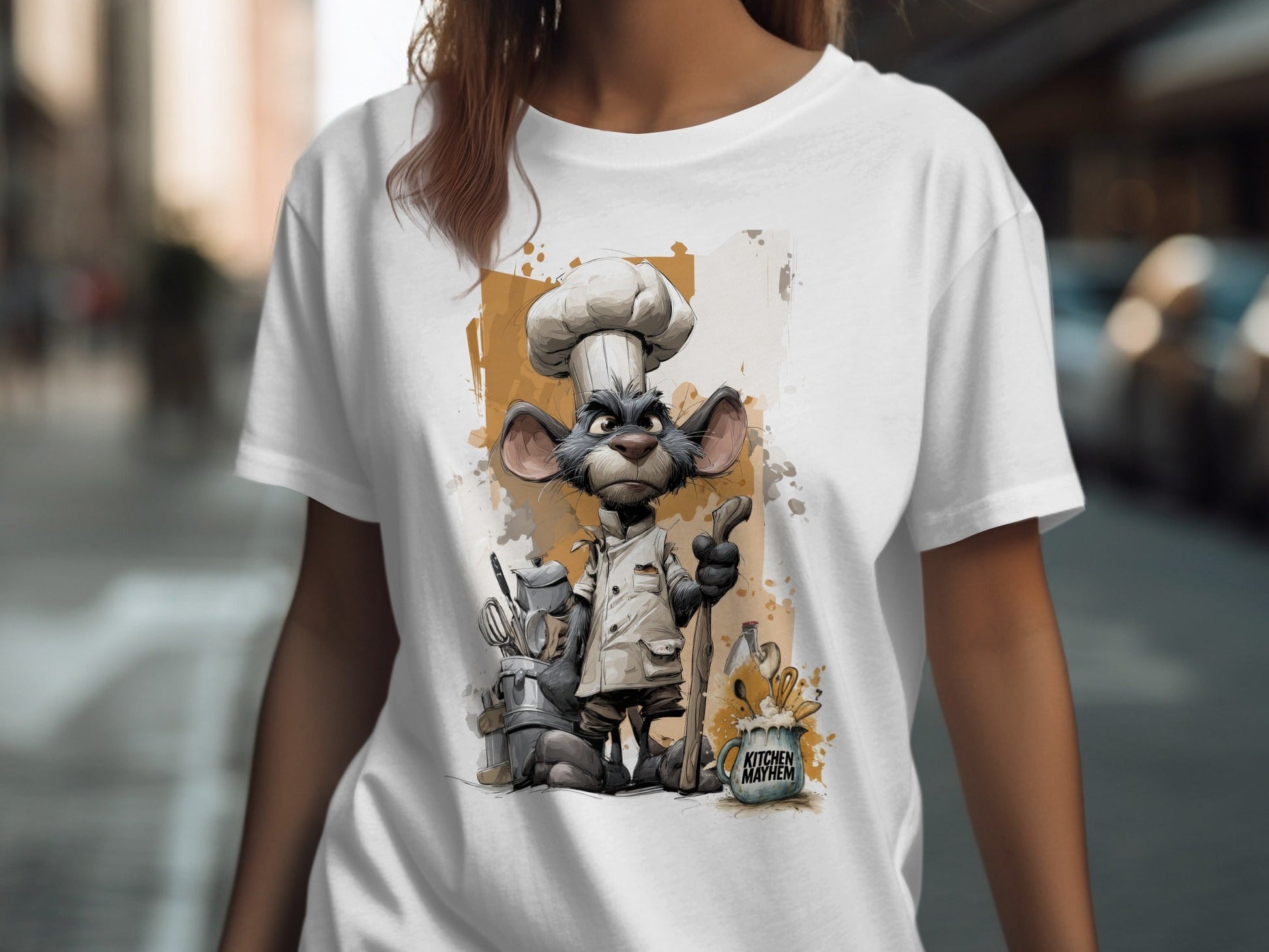RMA APPAREL Chef Mouse Kitchen Mayhem Unisex T-Shirt Sizes S to 5XL - Kitchen Mayhem White T-Shirt - RMA APPAREL - Roclla Media Apparel Store