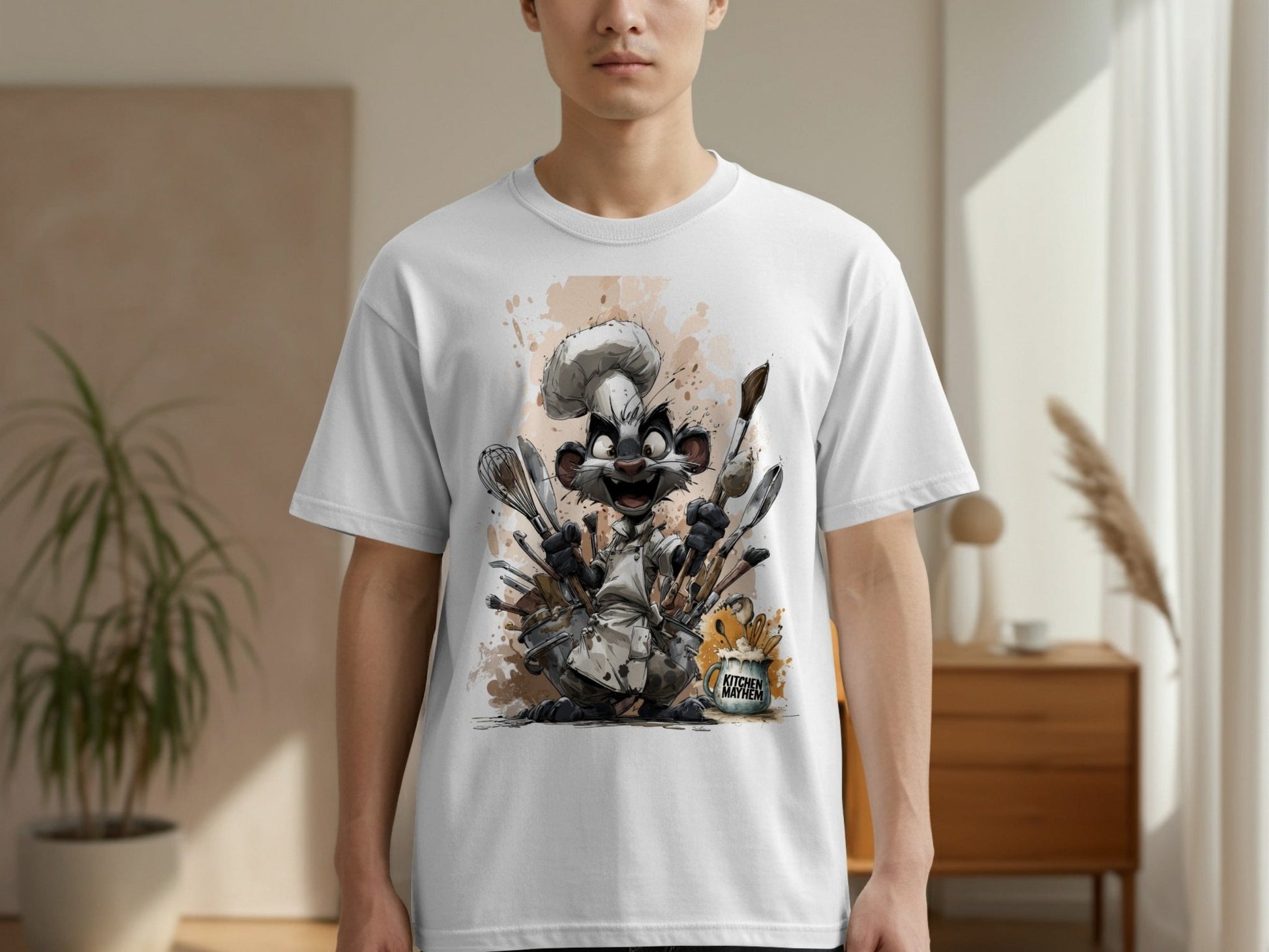 RMA APPAREL Chef Otter in Kitchen Mayhem Sizes S to 5XL T-Shirt - Kitchen Mayhem White T-Shirt - RMA APPAREL - Roclla Media Apparel Store