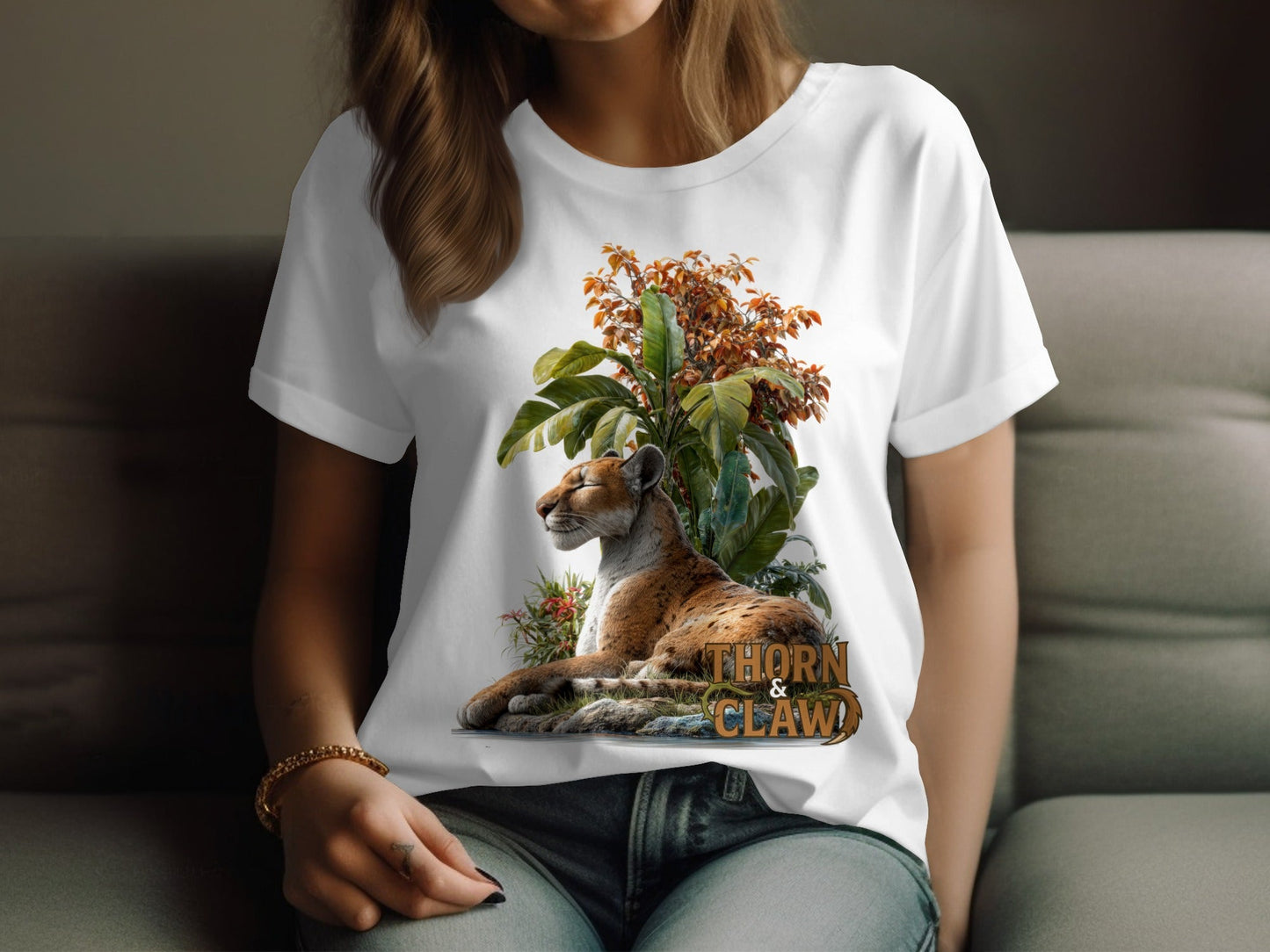 RMA APPAREL Cougar In Nature Scene Unisex Sizes S - 5XL T-Shirt - Thorn & Claw White T-Shirts - RMA APPAREL - Roclla Media Apparel Store