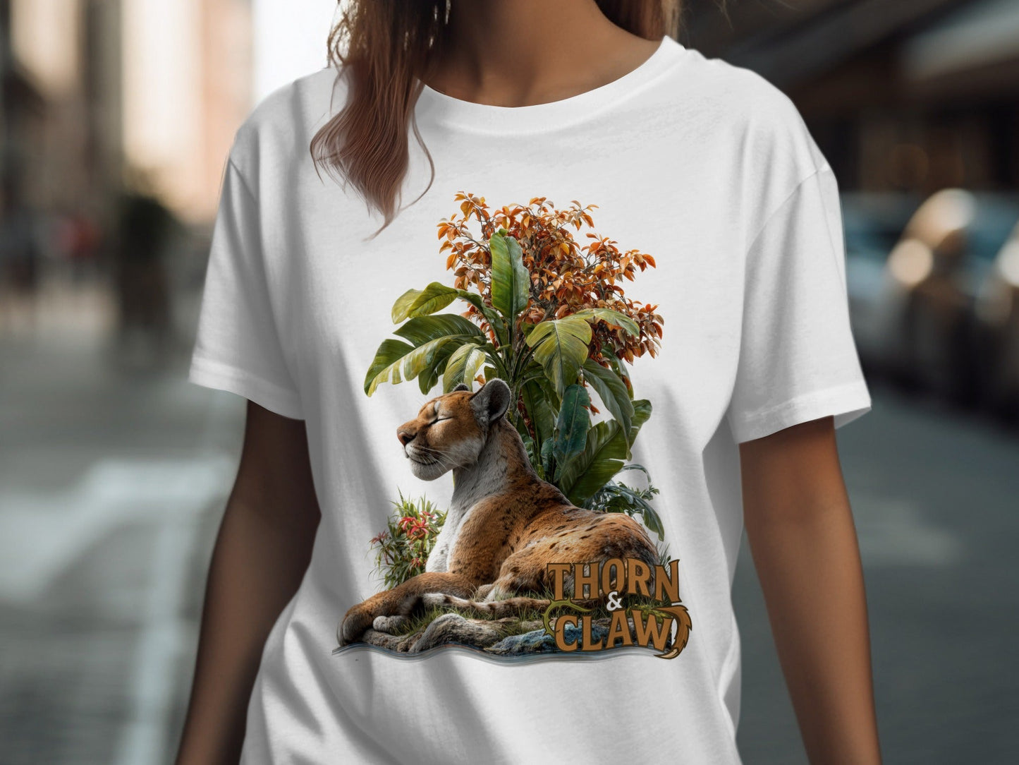 RMA APPAREL Cougar In Nature Scene Unisex Sizes S - 5XL T-Shirt - Thorn & Claw White T-Shirts - RMA APPAREL - Roclla Media Apparel Store