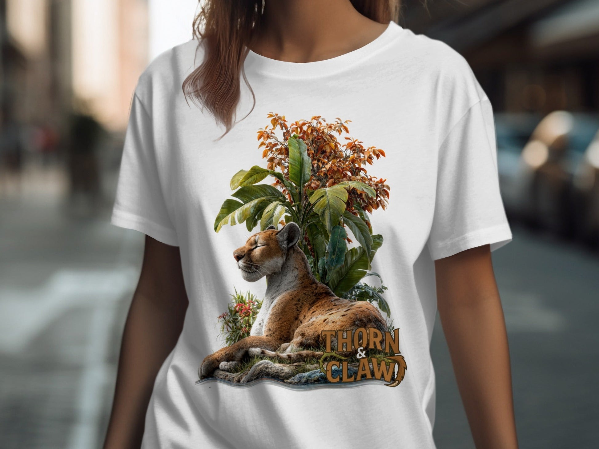 RMA APPAREL Cougar In Nature Scene Unisex Sizes S - 5XL T-Shirt - Thorn & Claw White T-Shirts - RMA APPAREL - Roclla Media Apparel Store