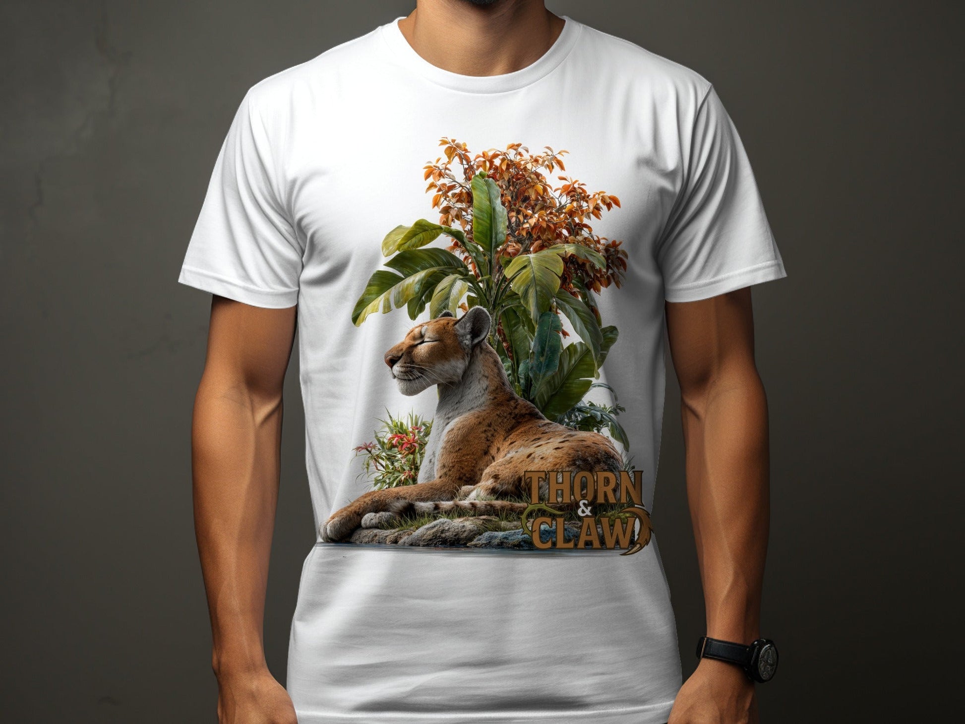 RMA APPAREL Cougar In Nature Scene Unisex Sizes S - 5XL T-Shirt - Thorn & Claw White T-Shirts - RMA APPAREL - Roclla Media Apparel Store