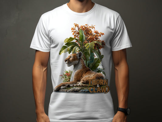 RMA APPAREL Cougar In Nature Scene Unisex Sizes S - 5XL T-Shirt - Thorn & Claw White T-Shirts - RMA APPAREL - Roclla Media Apparel Store
