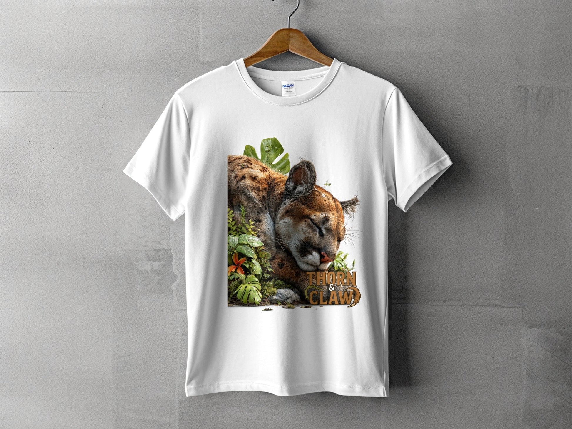 RMA APPAREL Cougar Resting Surrounded By Plants Unisex T-Shirt - Thorn & Claw White T-Shirts - RMA APPAREL - Roclla Media Apparel Store