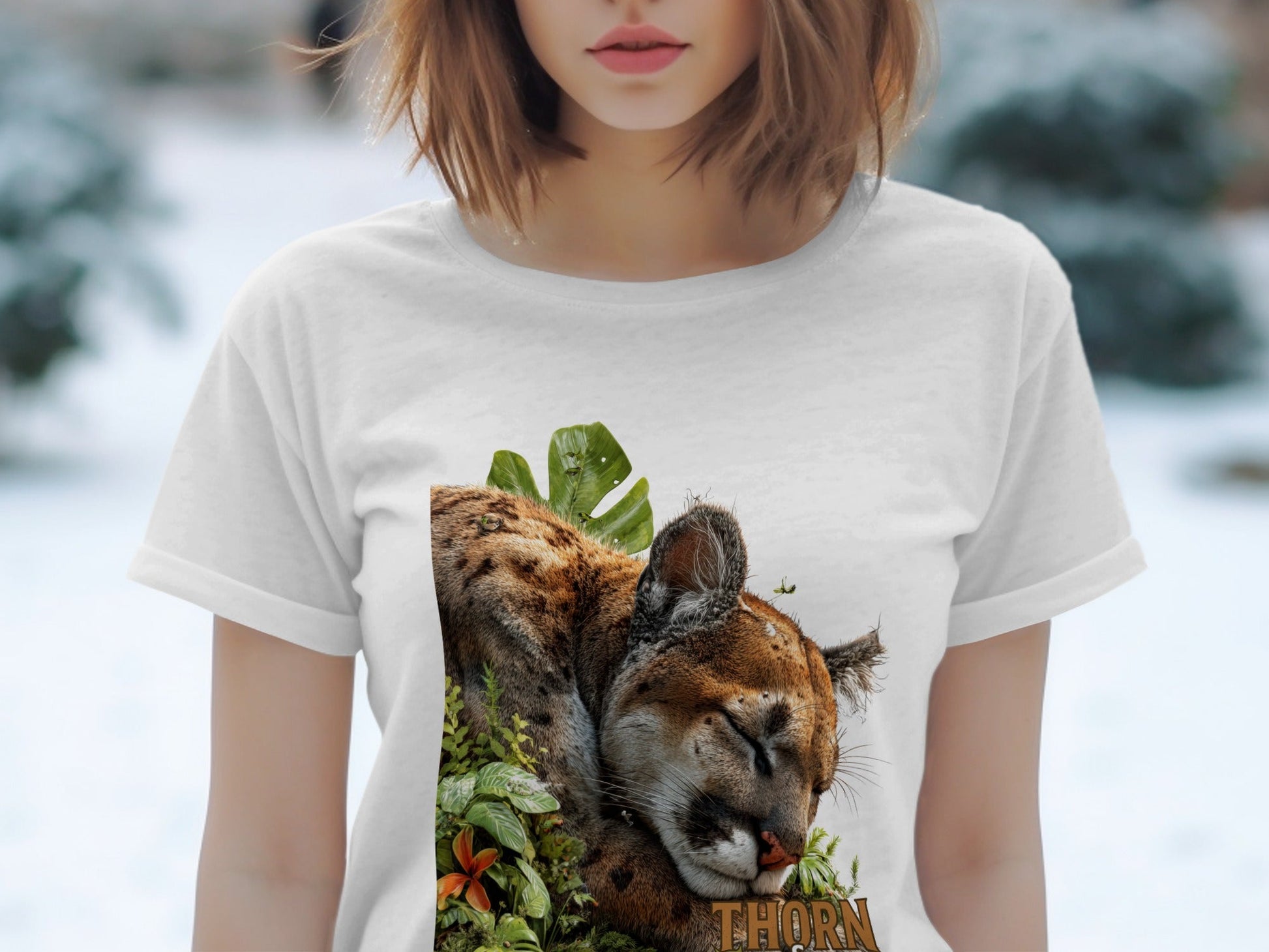 RMA APPAREL Cougar Resting Surrounded By Plants Unisex T-Shirt - Thorn & Claw White T-Shirts - RMA APPAREL - Roclla Media Apparel Store