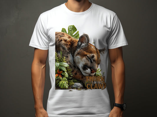RMA APPAREL Cougar Resting Surrounded By Plants Unisex T-Shirt - Thorn & Claw White T-Shirts - RMA APPAREL - Roclla Media Apparel Store