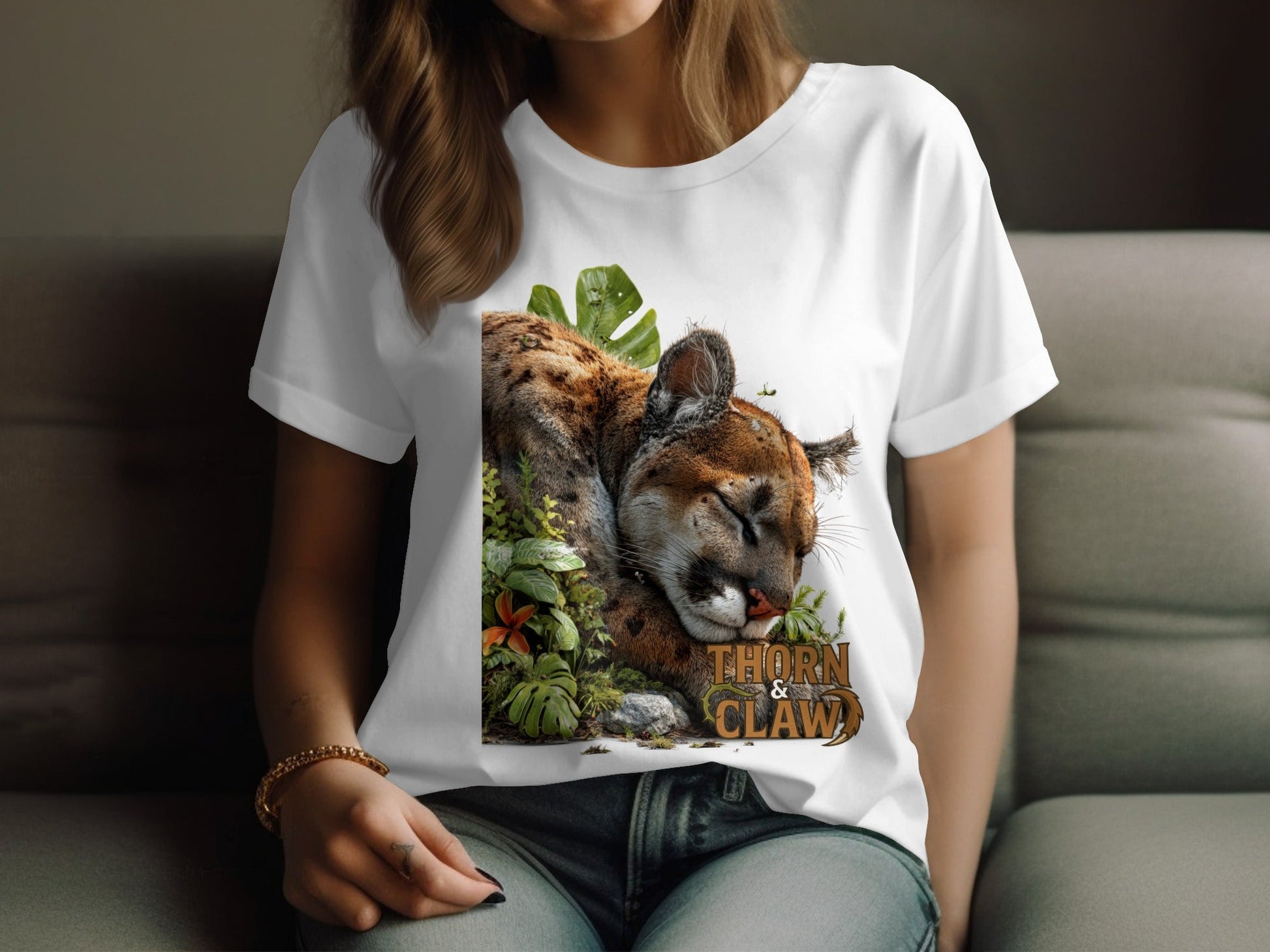 RMA APPAREL Cougar Resting Surrounded By Plants Unisex T-Shirt - Thorn & Claw White T-Shirts - RMA APPAREL - Roclla Media Apparel Store