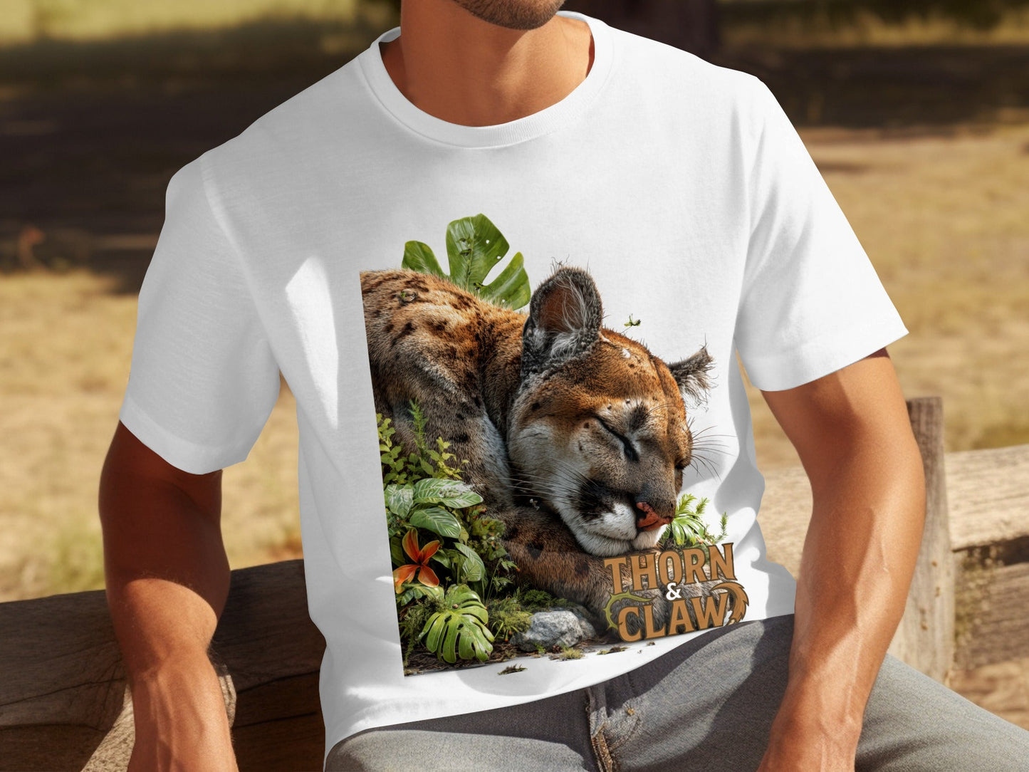 RMA APPAREL Cougar Resting Surrounded By Plants Unisex T-Shirt - Thorn & Claw White T-Shirts - RMA APPAREL - Roclla Media Apparel Store