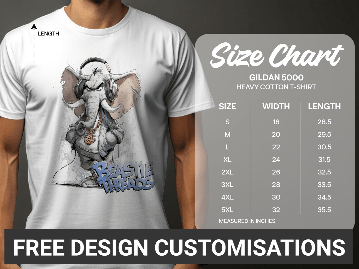 RMA Apparel Elephant DJ T-Shirt, Unisex, S to 5XL, Wildlife Animal - Beastie Threads White T-Shirt - RMA APPAREL - Roclla Media Apparel Store