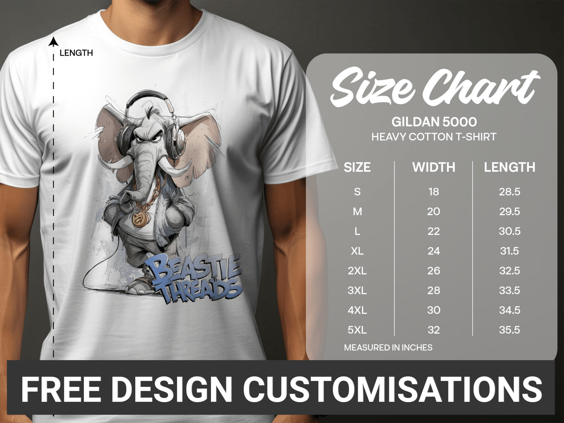 RMA Apparel Elephant DJ T-Shirt, Unisex, S to 5XL, Wildlife Animal - Beastie Threads White T-Shirt - RMA APPAREL - Roclla Media Apparel Store
