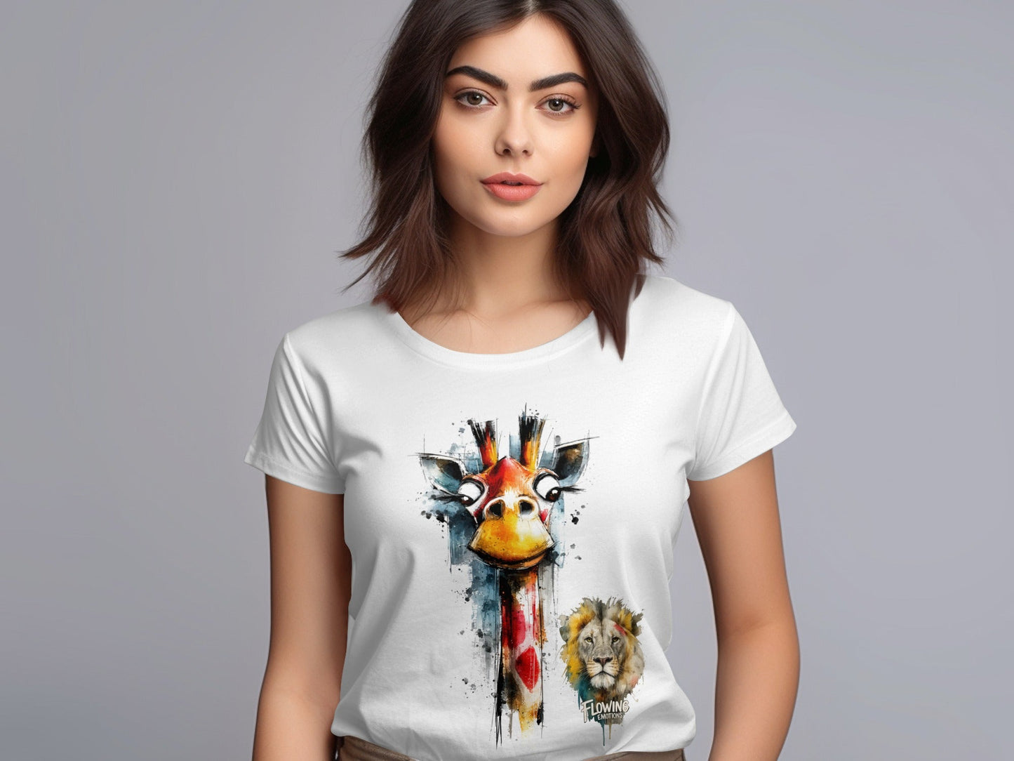 RMA APPAREL Giraffe And Lion Artistic Graphic Unisex T-Shirt - Flowing Emotions White T-Shirts - RMA APPAREL - Roclla Media Apparel Store