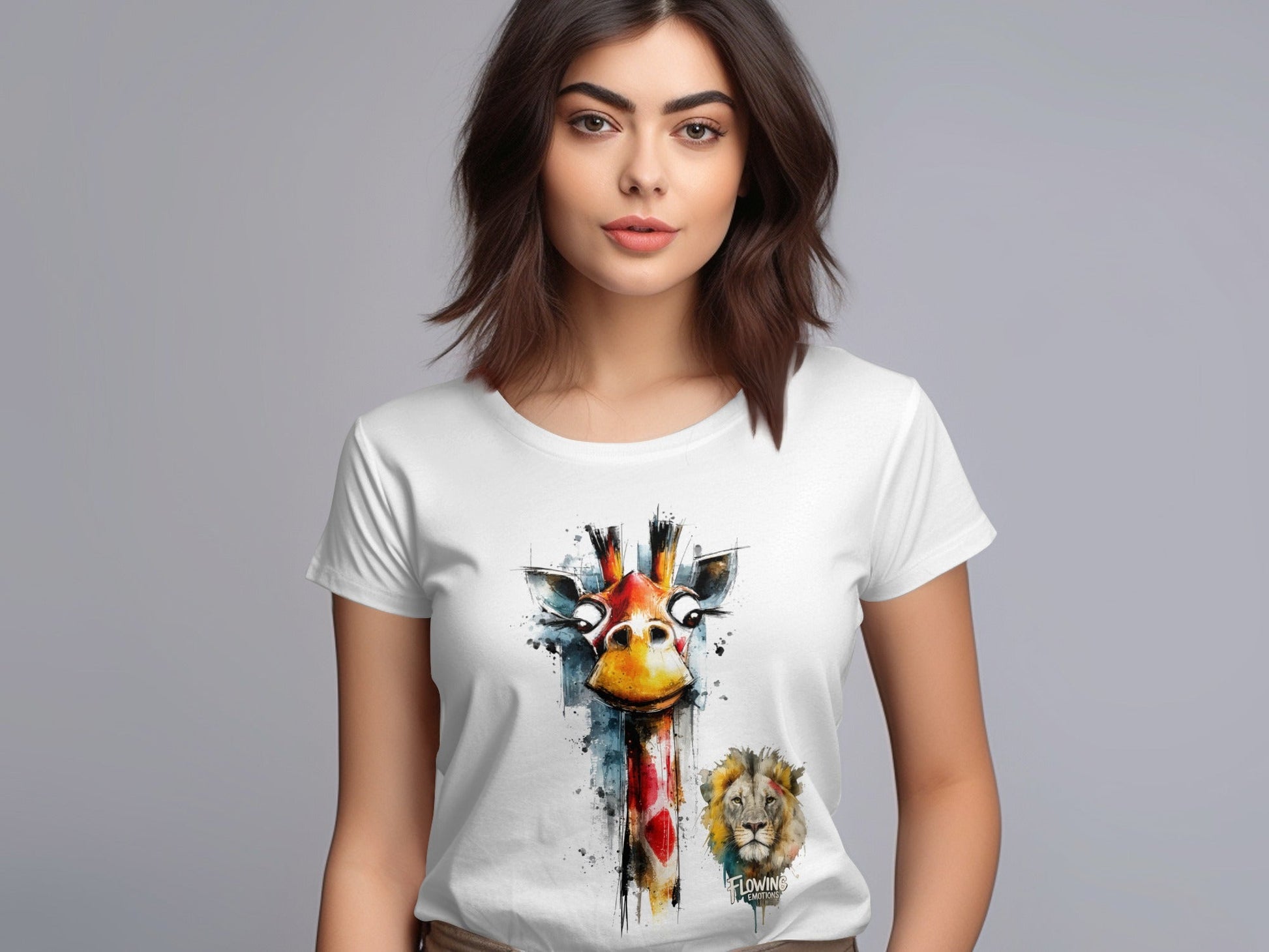 RMA APPAREL Giraffe And Lion Artistic Graphic Unisex T-Shirt - Flowing Emotions White T-Shirts - RMA APPAREL - Roclla Media Apparel Store