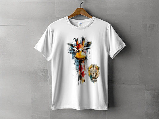 RMA APPAREL Giraffe And Lion Artistic Graphic Unisex T-Shirt - Flowing Emotions White T-Shirts - RMA APPAREL - Roclla Media Apparel Store