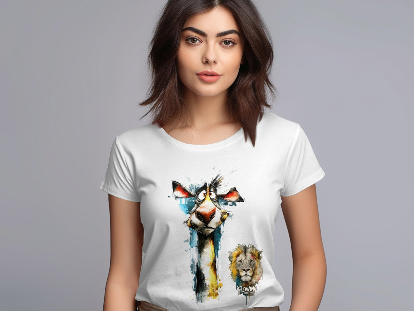 RMA APPAREL Giraffe And Lion Wildlife Art Mens T-Shirt sizes - Flowing Emotions White T-Shirts - RMA APPAREL - Roclla Media Apparel Store